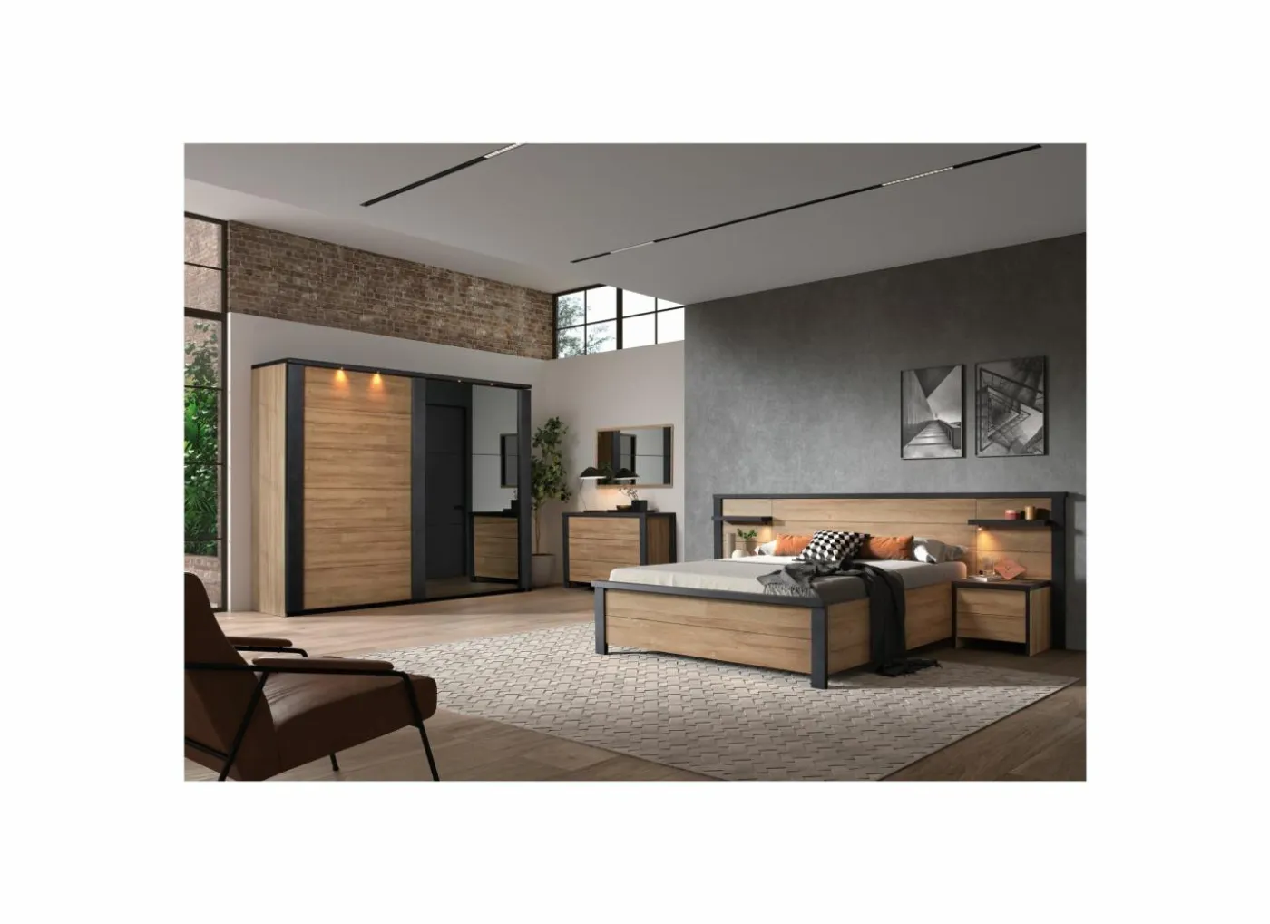 Bed 180x200cm - decor - Franse eik & nox met zijwanden