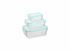 Bewaardoos ClipEat - glas - blauw set van 3