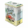 Bewaardoos Volkswagen Bulli Beach 11x14x20cm - metaal - wit & rood