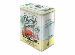 Bewaardoos Volkswagen Bulli Beach 11x14x20cm - metaal - wit & rood