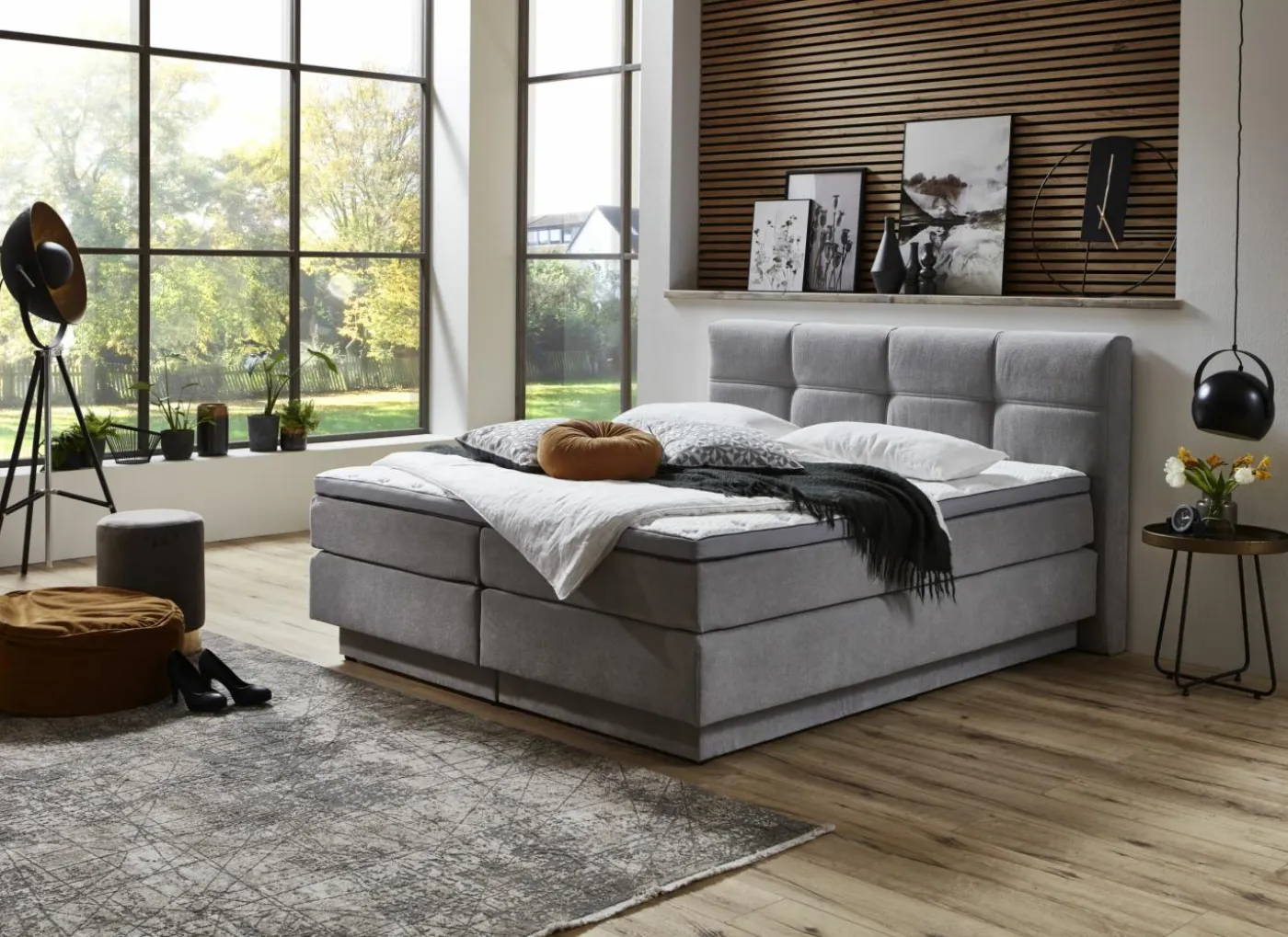 Boxspring BX2110 Portage 180x200cm - stof - lichtgrijs met opbergruimte