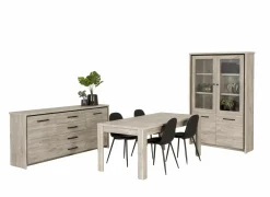 Eetkamer Elias met 4 stoelen Chuck - tafel 170x90cm - dressoir 201cm - vitrinekast 115cm