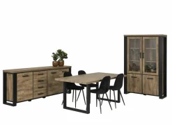 Eetkamer Estrella met 4 stoelen Charlton - tafel 220x95cm - dressoir 225cm - vitrinekast 126cm