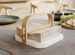 Servettenhouder Bellewood 23x20cm - kunststof & hout massief - wit & naturel