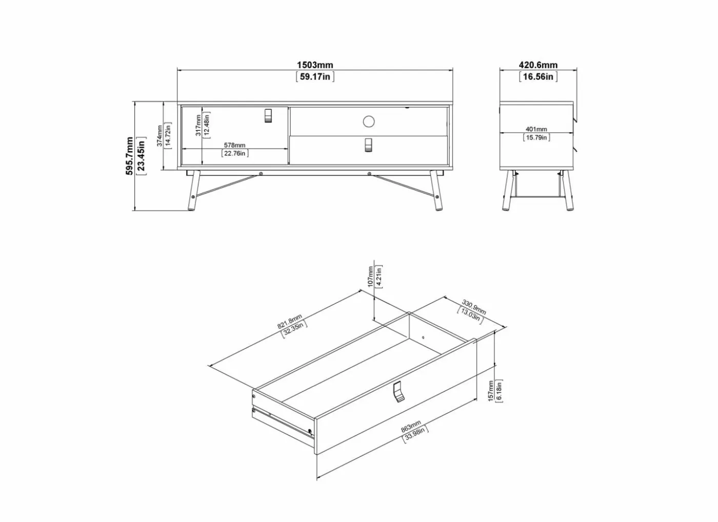 Tv-meubel Ry 151cm - decor - mat zwart & okkernoot